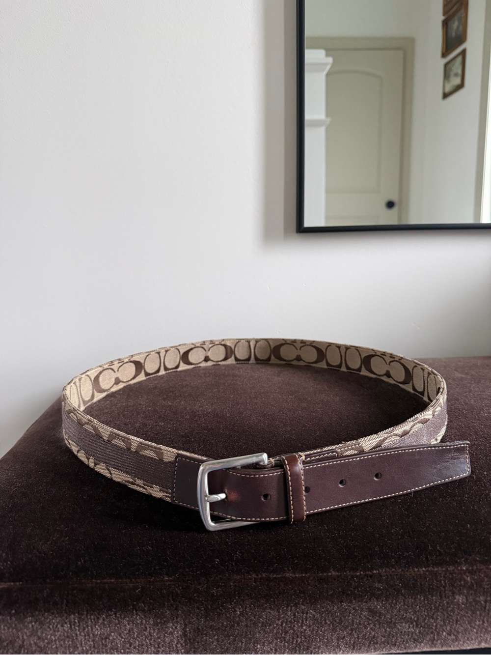 Coach Signature Canvas and Leather Belt in Brown and Tan 40”